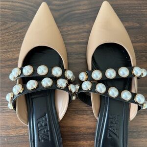 Zara Beige and Black Heels with Pearl Straps